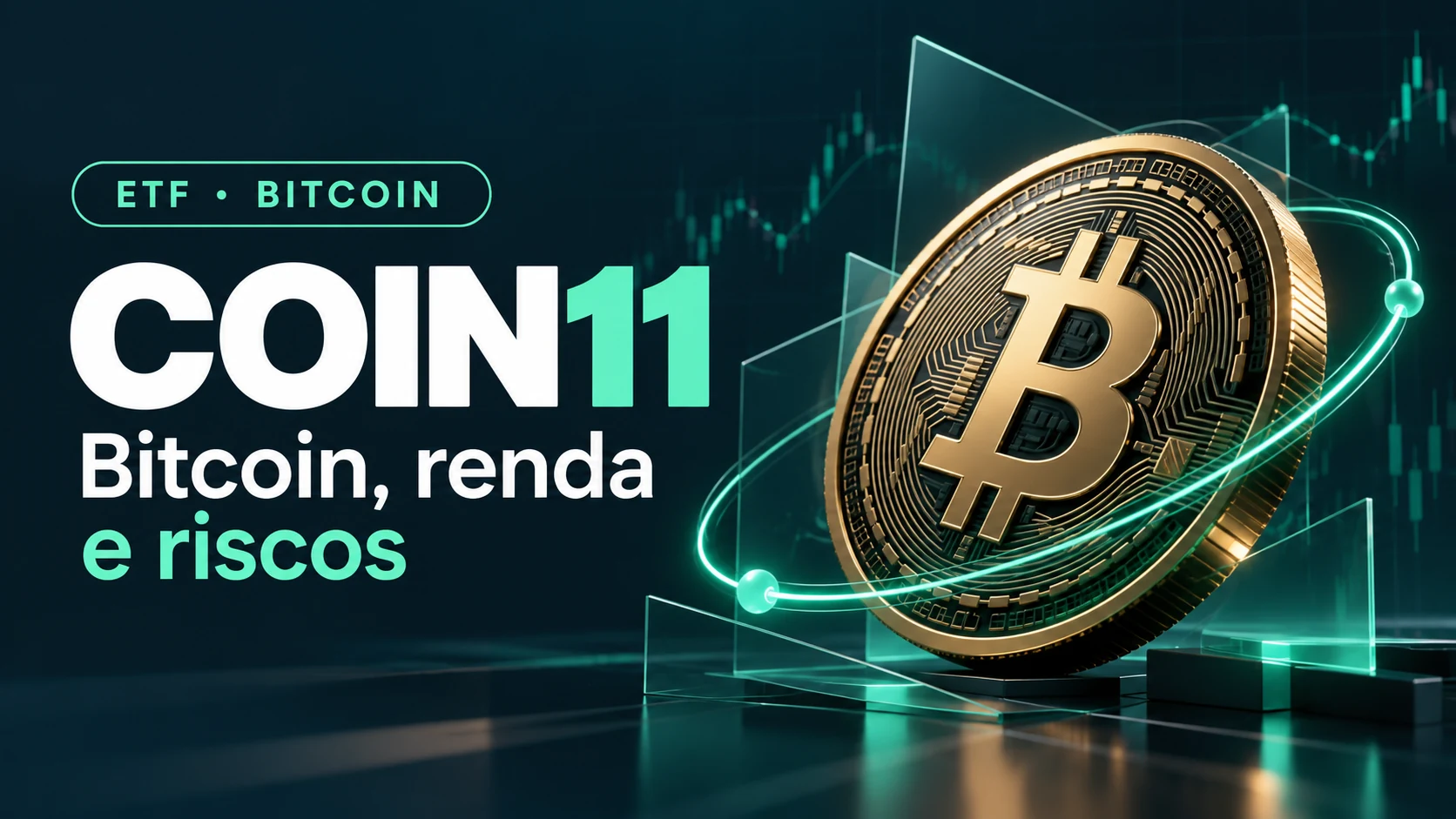 COIN11: Bitcoin, renda e riscos, com símbolo do Bitcoin e elementos digitais em verde-menta.
